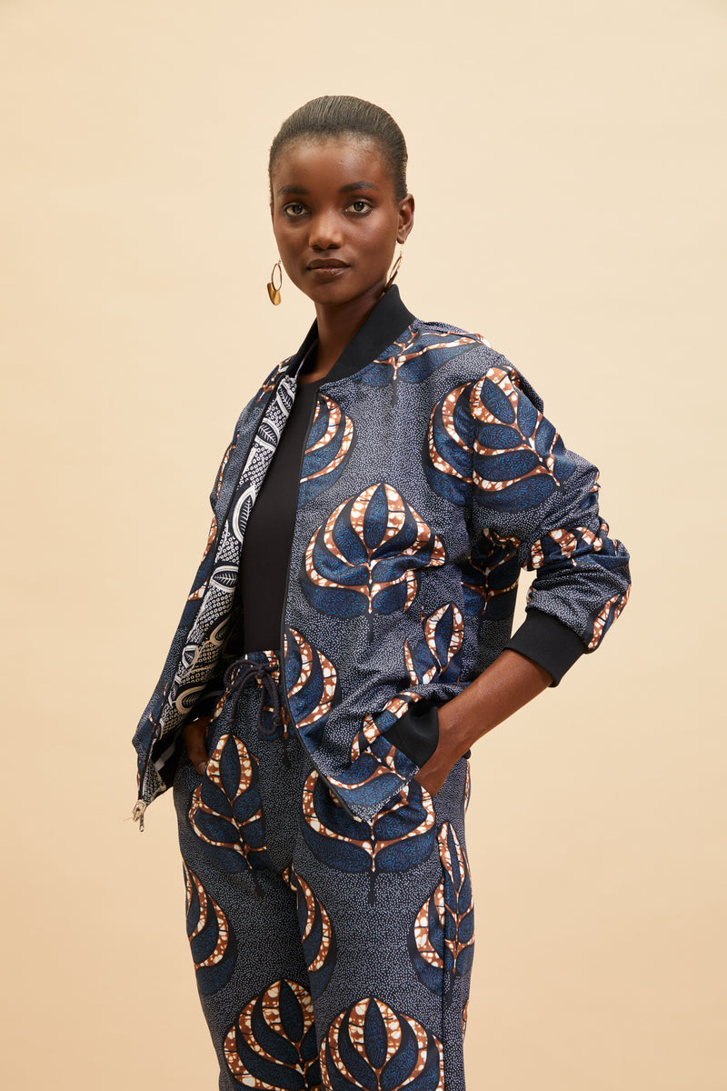 Reversible Unisex Akazi Bomber - Black Leaf/Blue Leaf